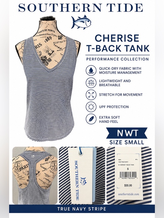 Southern Tide Tops - Southern Tide Cherise T-Back Performance Tank Top NWT Size Small Navy White